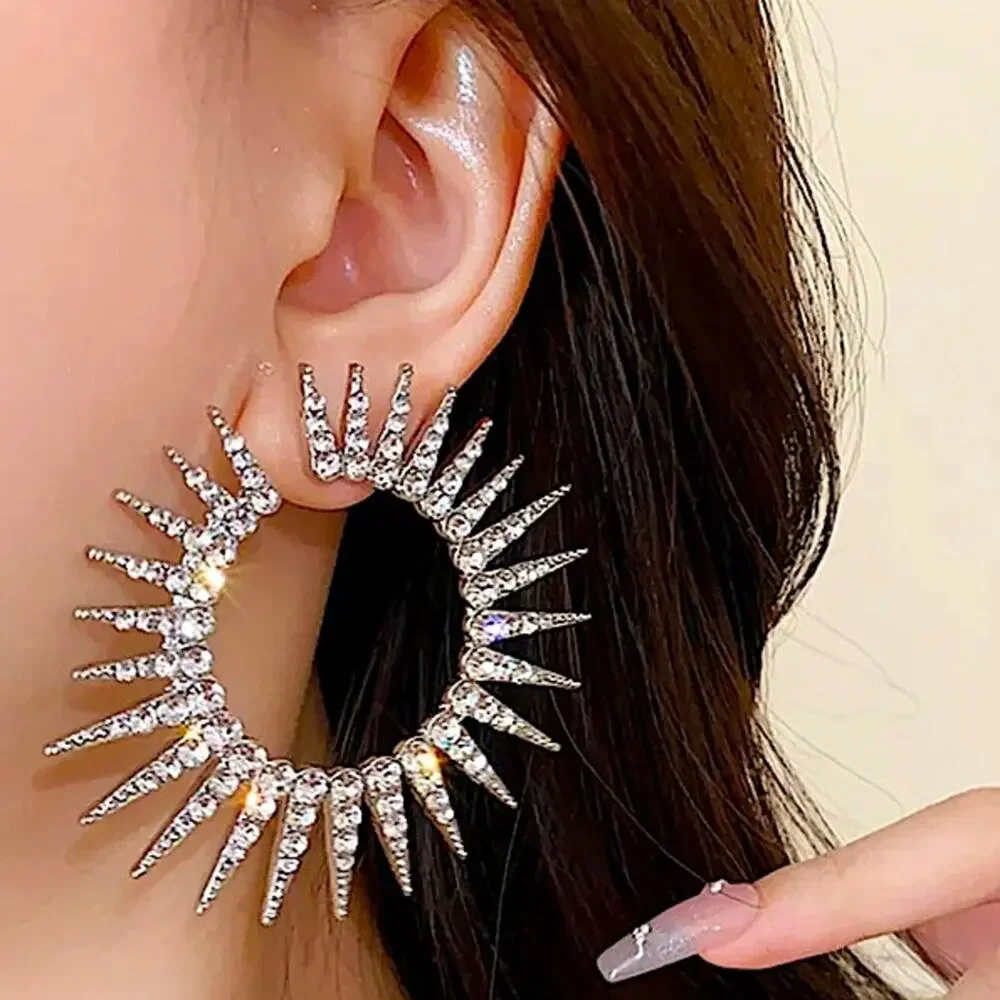 Exaggerated Spiked Zircon Earrings, Statement Silver Oversized Wedding